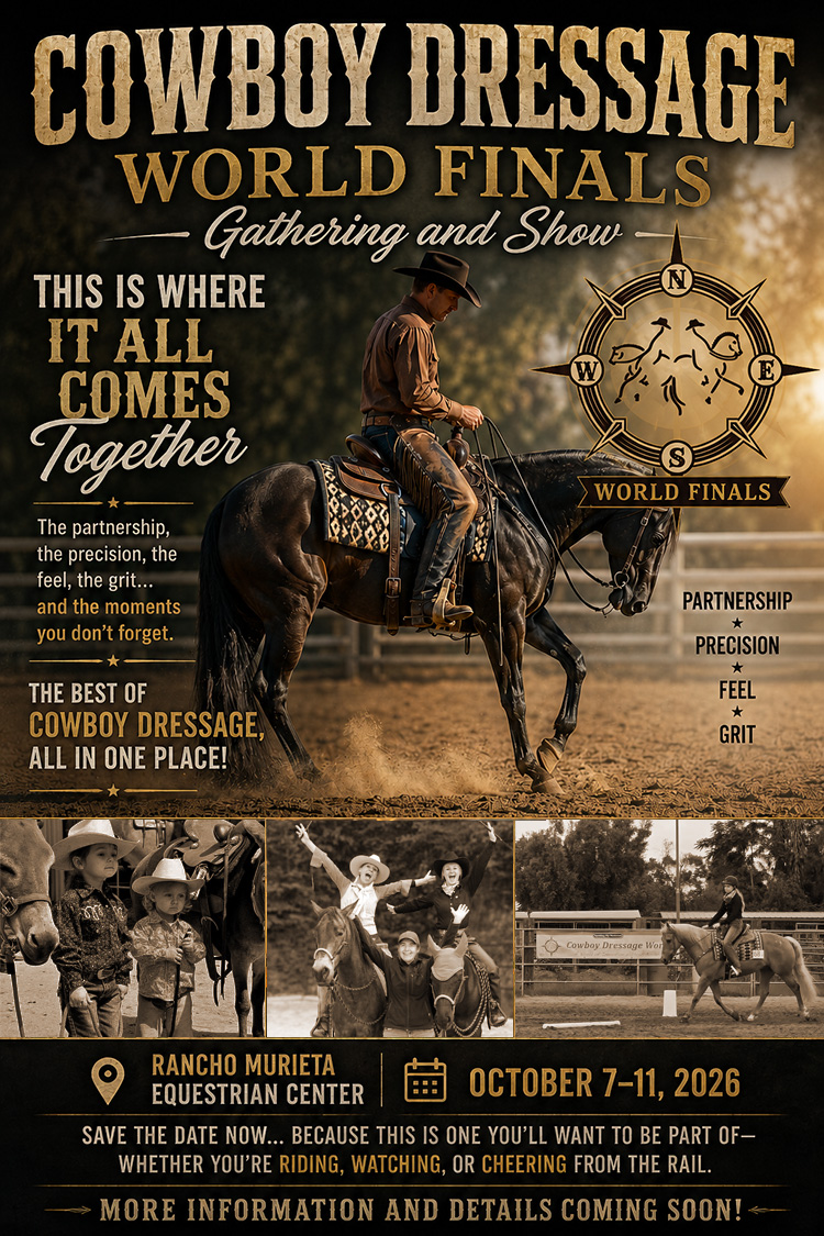 Cowboy Dressage World Finals Gathering and Show
Rancho Murieta Equestrian Center 
October 7–11, 2026
More Information and Details Coming Soon!
